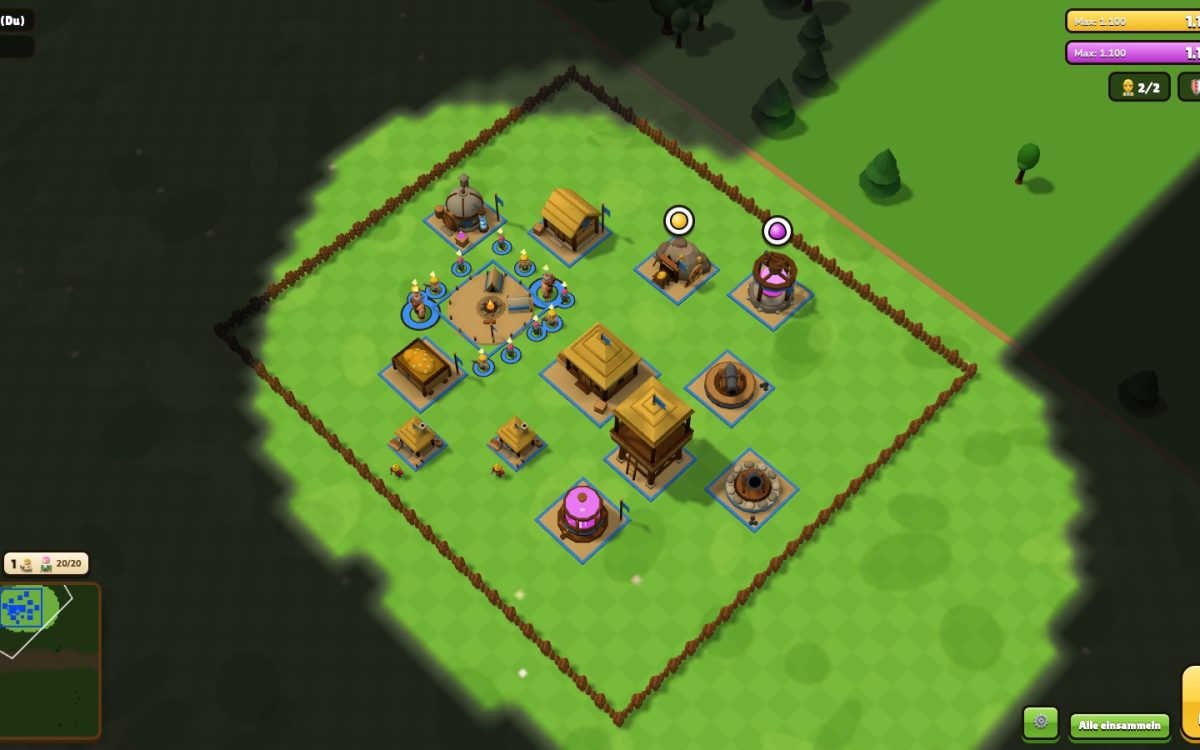 ClashLive im Browser: eigene Basis mit Rathaus, Kaserne, Verteidigungsanlagen, Mauerring und Truppen (Demo-Partie)